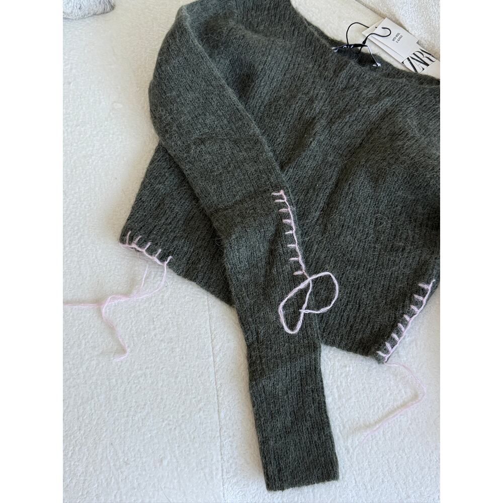 Zara Wool Alpaca Green Pink Stitch Cropped Sweater - Picture 2 of 4